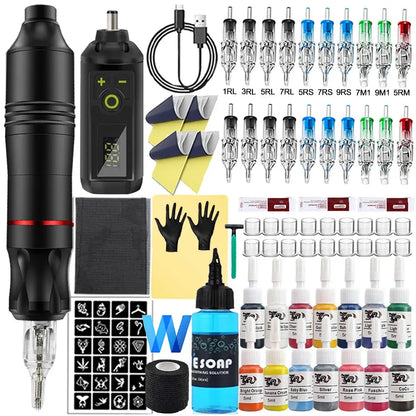 Wireless Tattoo Kit Rotary Tattoo Pen Machine 1200mAh Mini Battery Cartridge Needles Ink Set Permanent Makeup Tattoo Kits