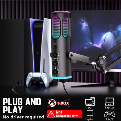 PUPGSIS Gaming USB Microphone, Noise Cancellation Condenser Mic with Mute, Gain, RGB Lights, Boom Arm Stand for Streaming, PC