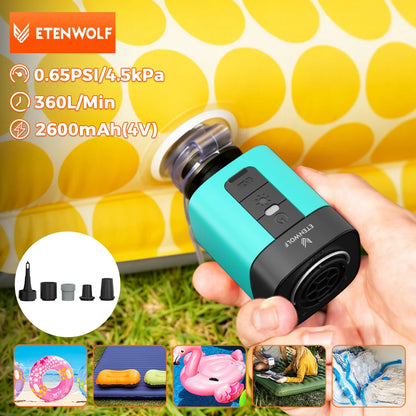 ETENWOLF AIR 3 Mini Elektrisk Luftpump – 2600 mAh, 360 L/min, Campinglampa 600 lm, 5 Munstycken