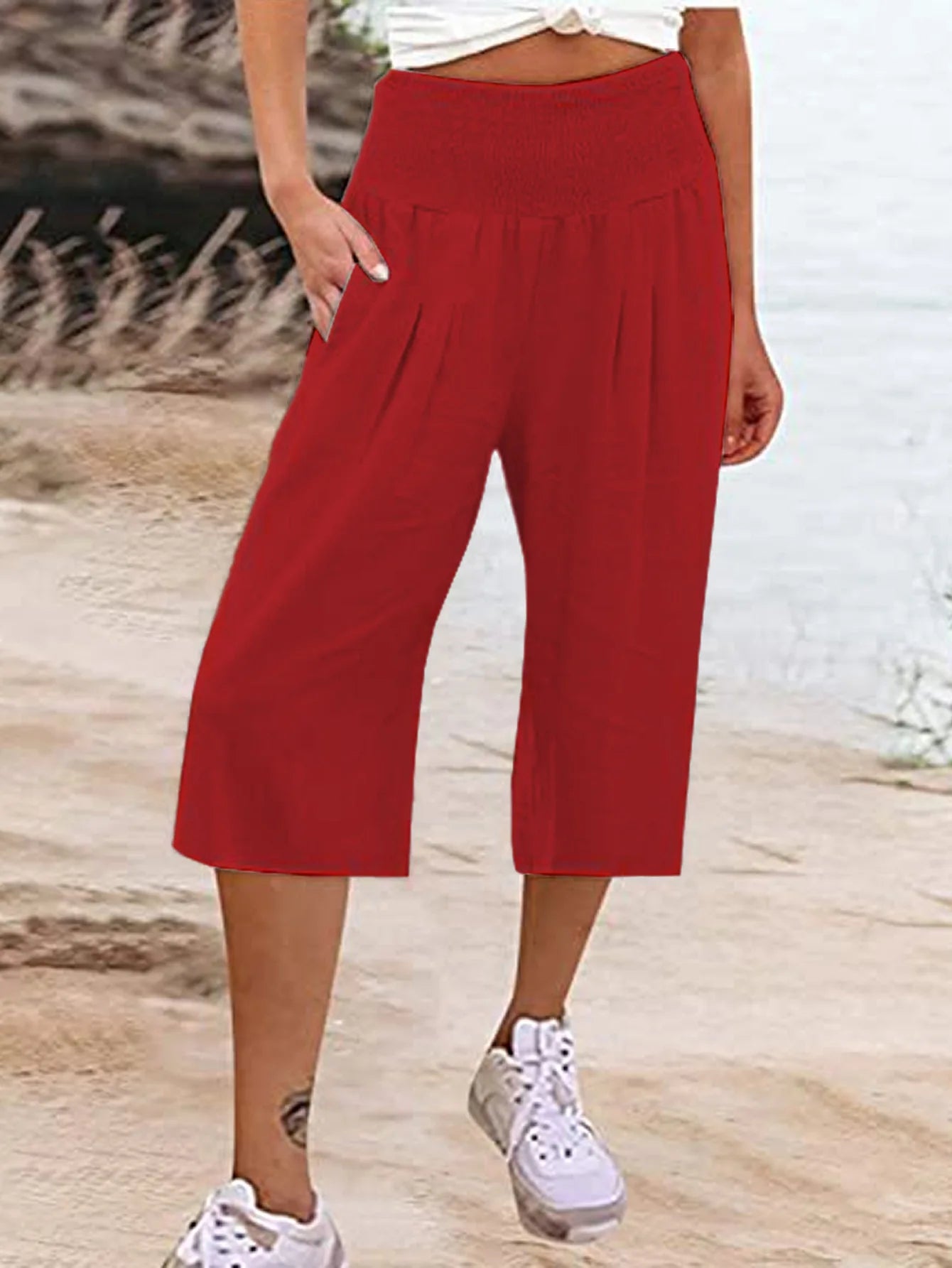 Summer 2024 Amazon Eurn women's cross-border cotton hemp seven waist pocket pocket pocket pocket wide leg pants woman