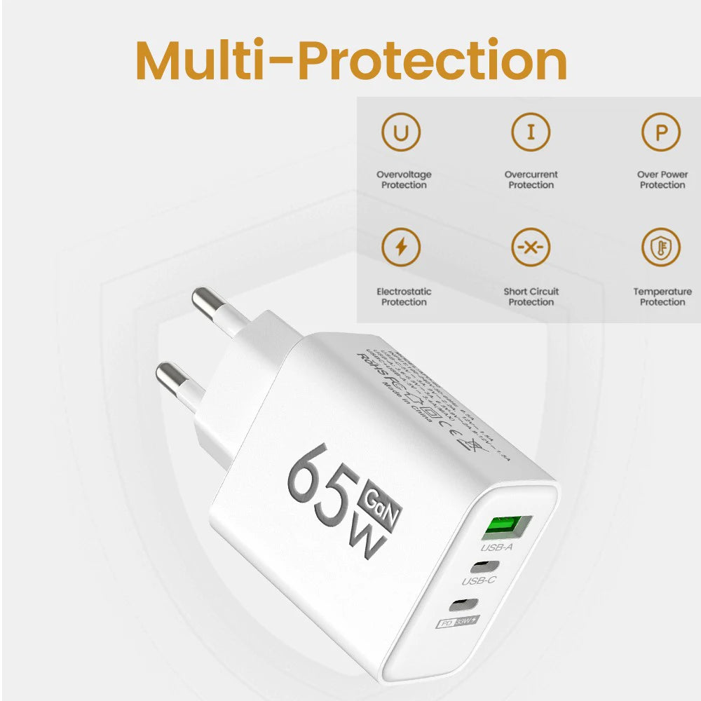 65W GaN-laddare med 3 Portar – USB-C PD och QC 3.0, Kompatibel med iPhone, Samsung och Xiaomi
