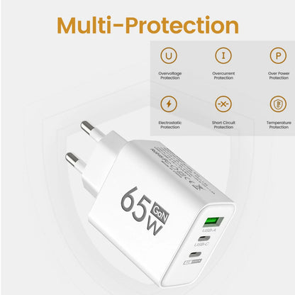 65W GaN-laddare med 3 Portar – USB-C PD och QC 3.0, Kompatibel med iPhone, Samsung och Xiaomi