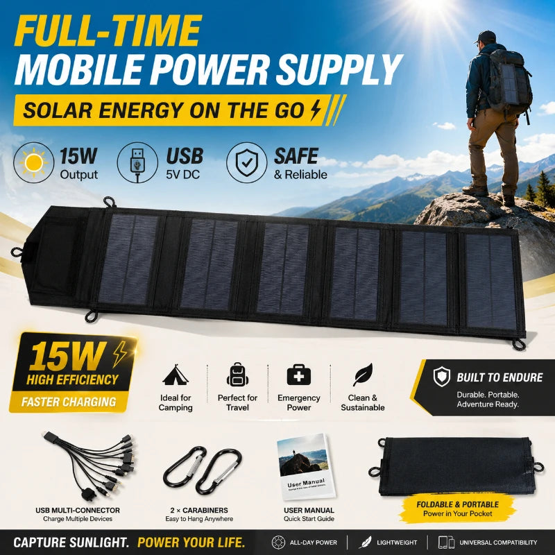 High Power 6 Fold Portable Solar Panel 15W Fast Charger USB 5V DC Full Time Mobile Power Supply