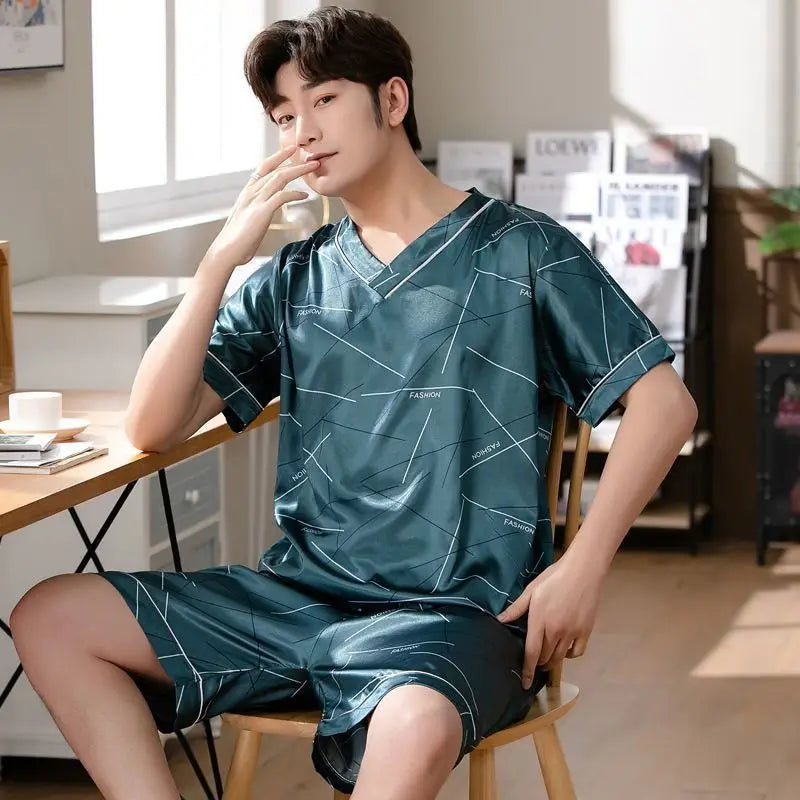 Herr Pyjamas Is-Silk – Kortärmad Tvådelad Lös Koreansk Stil, 3 Färger L–3XL