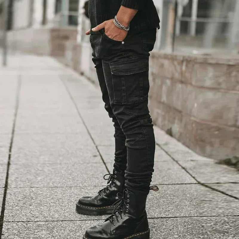 Fashion Solid Color Versatile Jeans Men High Quality Multi Pockets Cargo Denim Trousers Male Classic Mid Waist Narrow Leg Pants