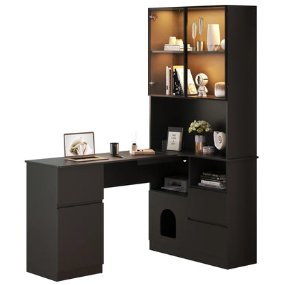 Corner Desk with Shelf and LED Display Cabinet, Desk with Cable Outlet, 3 Drawers, 2 Doors, Open Compartments, Built-in Bookcase