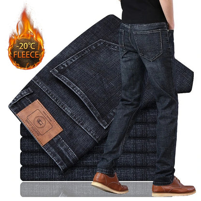 Brand Men Jean Warm Autumn Winter Loose Straight Jeans Male Casual Fleece Lined Thickened Denim Pant Elastic Waist High Trousers