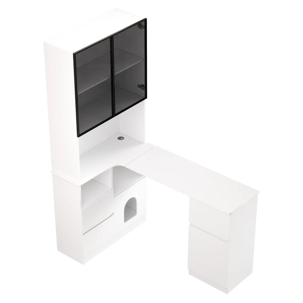 Corner Desk with Shelf and LED Display Cabinet, Desk with Cable Outlet, 3 Drawers, 2 Doors, Open Compartments, Built-in Bookcase