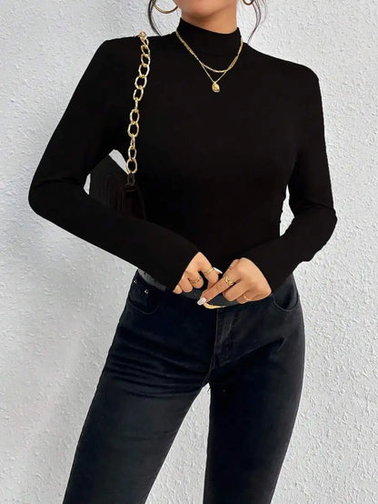 Y2K Aesthetic Mock Neck Long Sleeve Bodysuit Women Soft Stretch Slim Fit Thong Bodycon 2000s Vintage Layering Basic Top