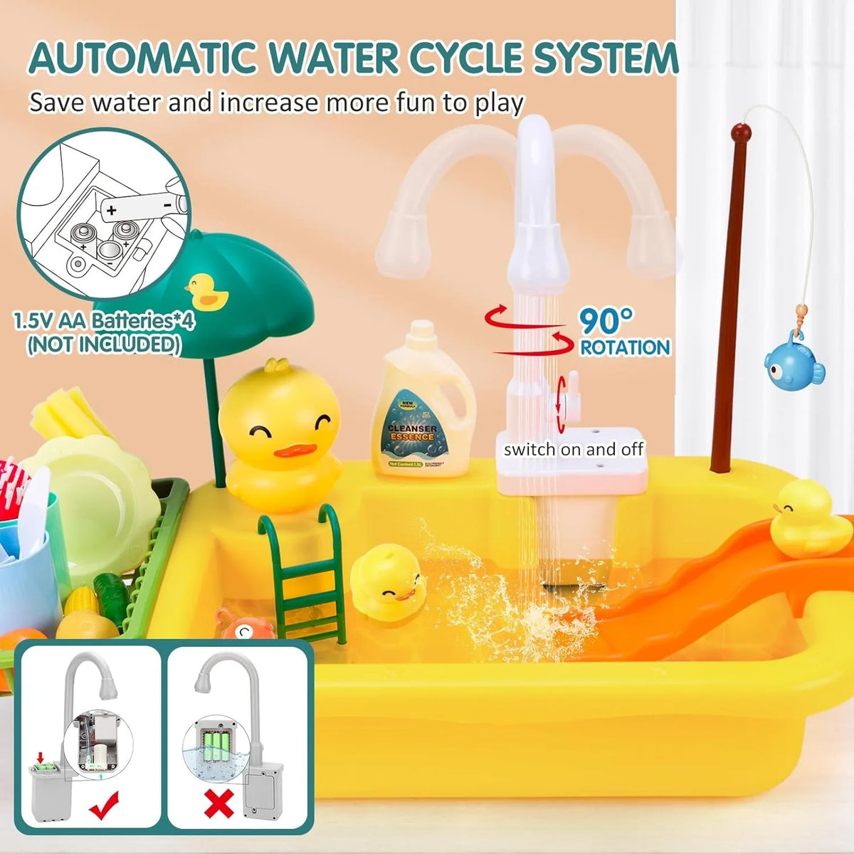 Play Sink with Running Water Kitchen Sink Toys Electric Faucet Play Kitchen Toy Pool Floating Fishing Toys for Water Play