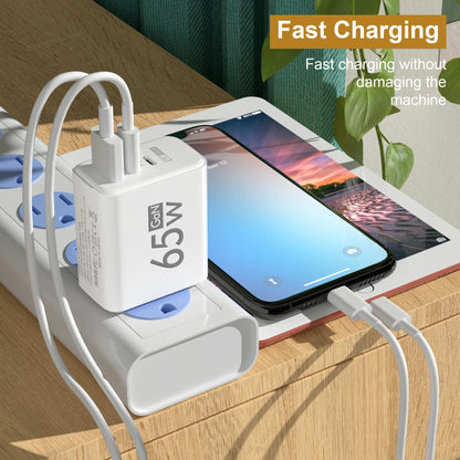 65W GaN-laddare med 3 Portar – USB-C PD och QC 3.0, Kompatibel med iPhone, Samsung och Xiaomi