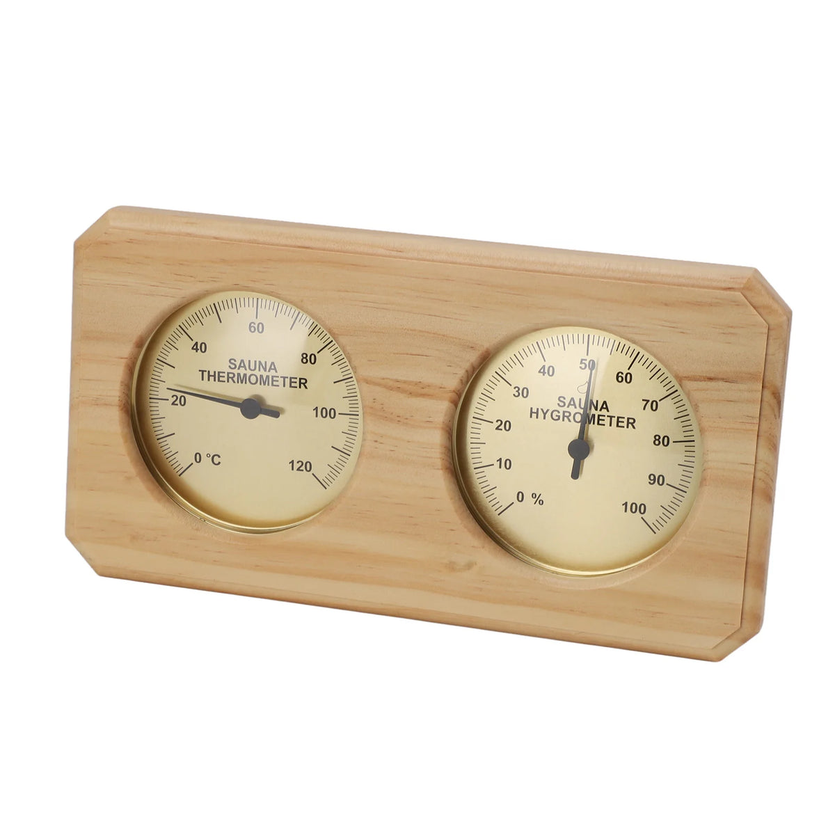 2-i-1 Bastutermometer & Hygrometer i Trä – Väggmonterad, 0–120°C, Guldram