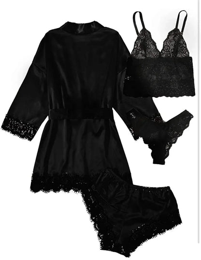 Pyjamasset dam med satinkänsla och spets – sex färger, S–2XL