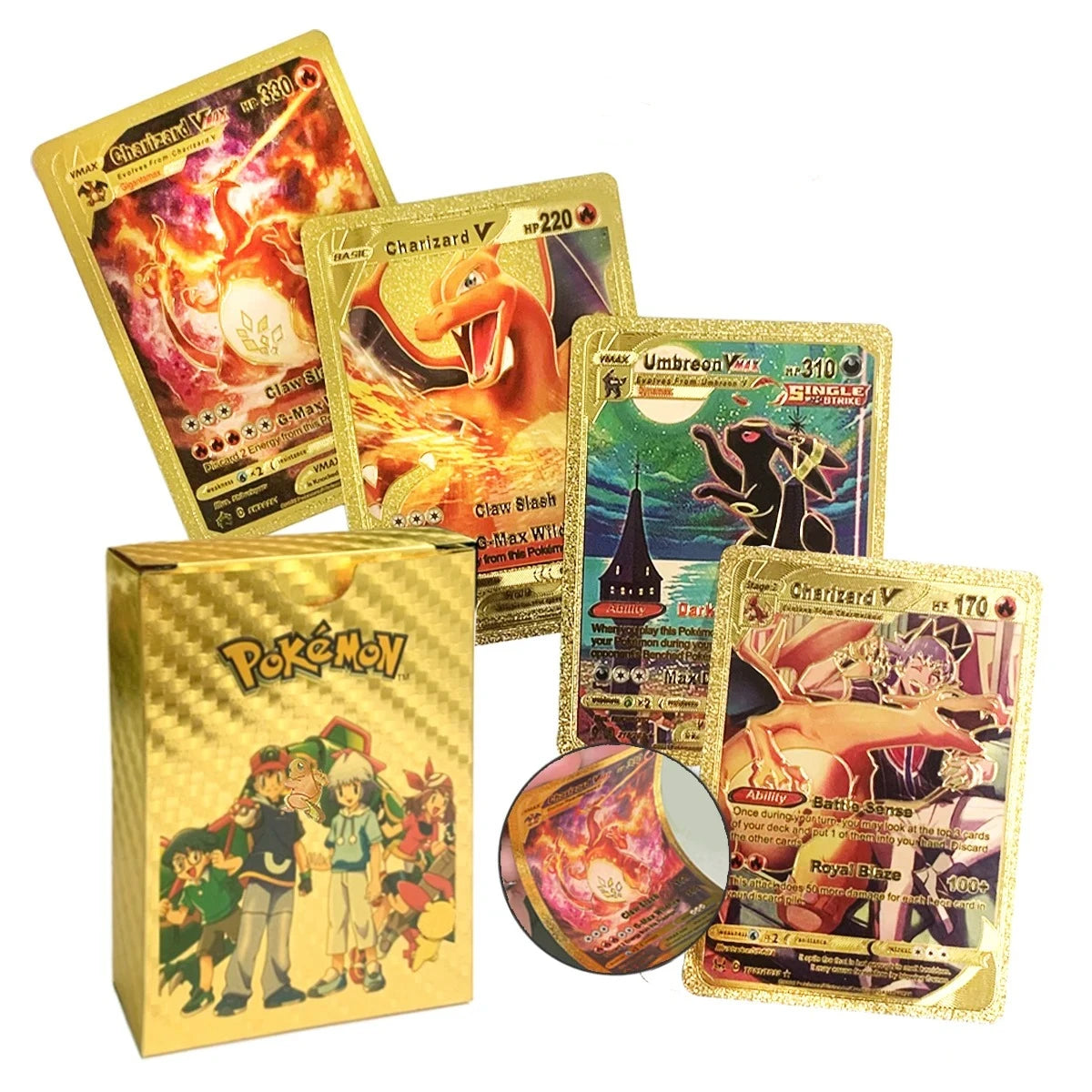 •55 pcs Pokemon Metal Gold Black Vmax GX Card Box Mewtwo Charizard Pikachu Rare Collection Battle Trainer Children Toys Gift