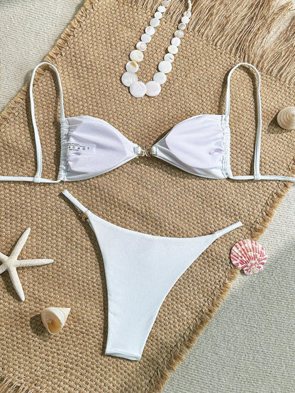 Sexy Solid Color Swimsuit Women' Swimwear 2026 New Bandeau Bikinis Rings Bikini Bandage Beachwear Two Piece Bathing Suit