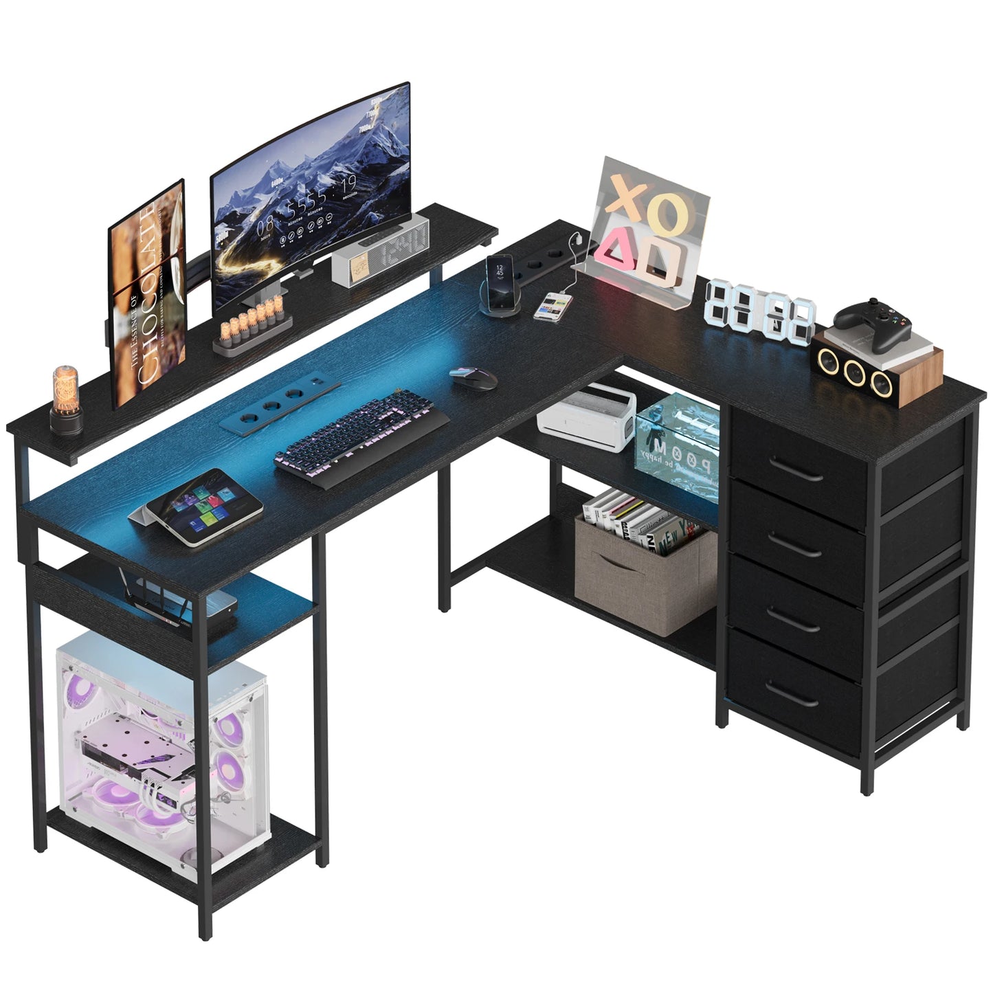Black L-shaped gaming desk 120x110cm with monitor stand, drawers, cable cutout, and multiple shelves; office table for home use