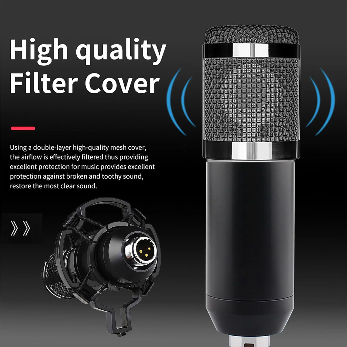 Kondensatormikrofonset med ljudkort, justerbar arm och popfilter