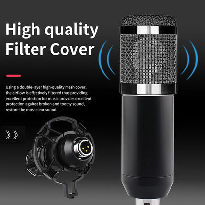 Kondensatormikrofonset med ljudkort, justerbar arm och popfilter