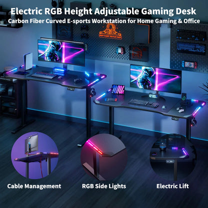 Electric Height Adjustable Gaming Desk With RGB LED Strip Lights, Built-In Cup Holder Headset Hook Ergonomic Computer Game Table with Carbon Fiber Surface, 2 Memory Positions and 3 Sizes