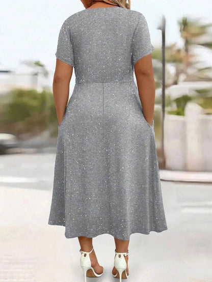 Ladies' elegant plus size powder sprinkled shiny twisted knot with pockets V-neck dress
