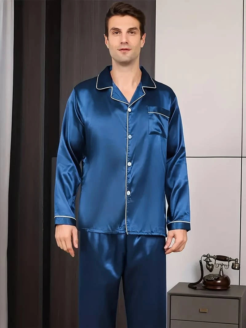Herr Satinpyjamas – Långärmad Skjorta & Långa Byxor, Lyxig Sommar Loungewear, 4 Färger