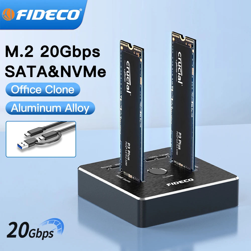 FIDECO NVMe SSD Enclosure 20Gbps Dual-Bay M.2 NVME SATA SSD Case Type-C Hdd Docking Station Supports Offline Clone for M.2 Case
