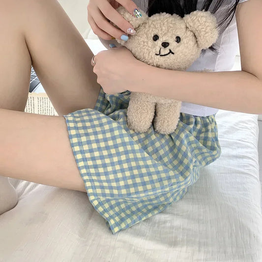 Dam Pyjamasshorts Rutigt Mönster – Mjuk Bomull, Sommar Loungewear, 6 Färger