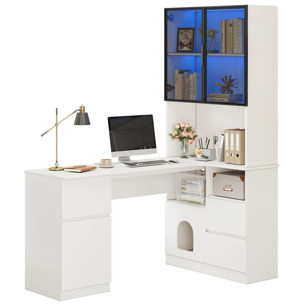 Corner Desk with Shelf and LED Display Cabinet, Desk with Cable Outlet, 3 Drawers, 2 Doors, Open Compartments, Built-in Bookcase