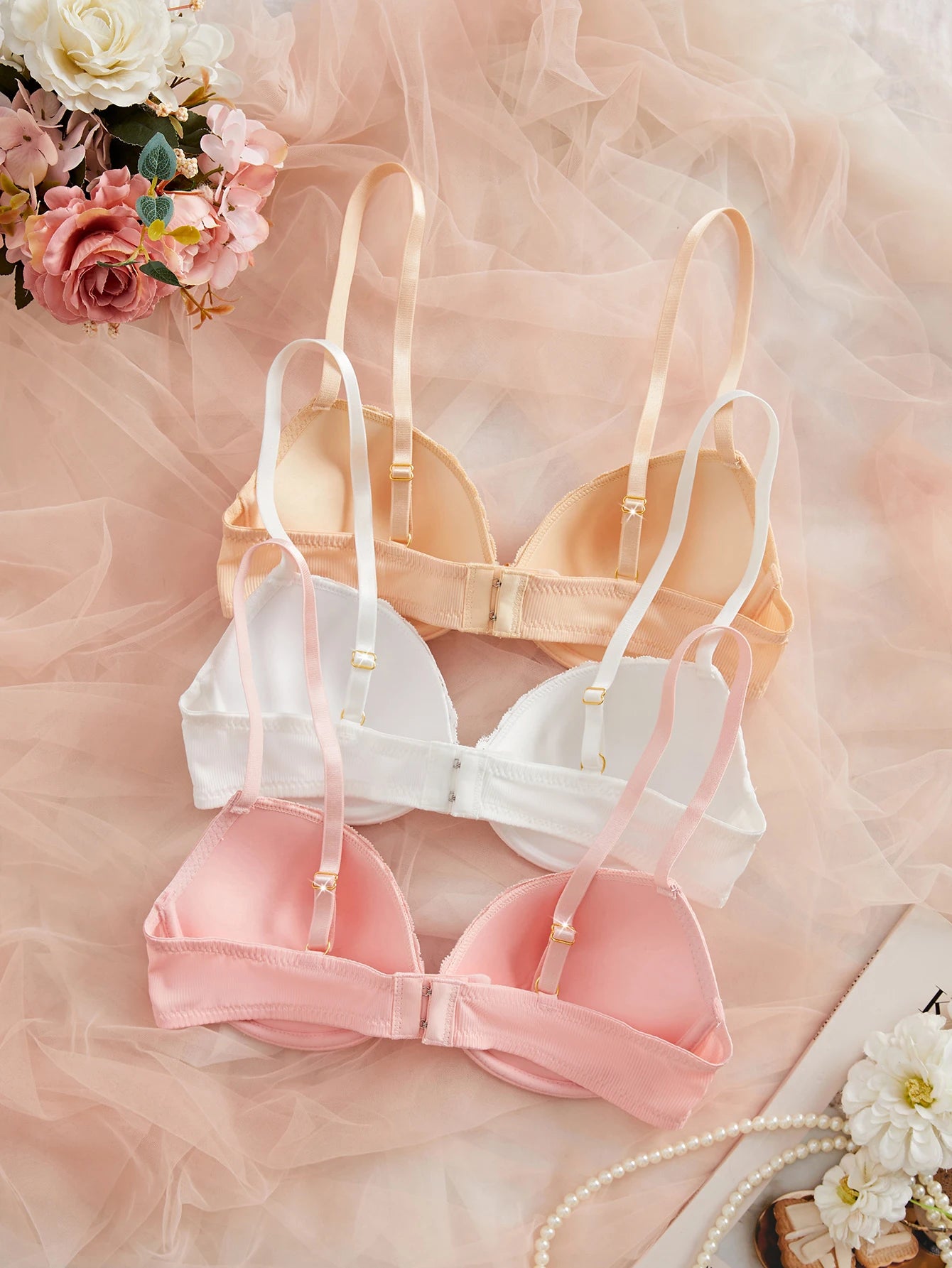 3PCS Women's Underwear Set Lace Trim Ribbed Push Up Bra Bow Comfortable Underwire Support Women's Bra