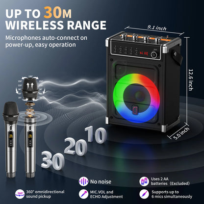 69-black Karaoke Machine with 2 UHF Wireless Microphones, Bluetooth Speaker with Bass/Treble Adjustment and LED Light, PA System