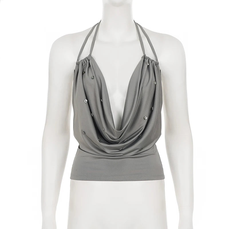 Dam Drapad Halterneck Cami Top – Djup V-ringning Knytrygg Y2K Slim Streetwear Sommar 2026, Grå S–L