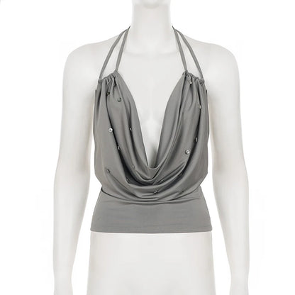 Dam Drapad Halterneck Cami Top – Djup V-ringning Knytrygg Y2K Slim Streetwear Sommar 2026, Grå S–L