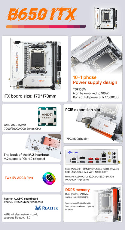 SOYO Motherboard AMD B650ITX Ryzen AM5 DDR5 Supports CPU 7000 8000 9000 Processors Pcie5.0x16 Pcie4.0x4 M.2 ARGB WIFI6
