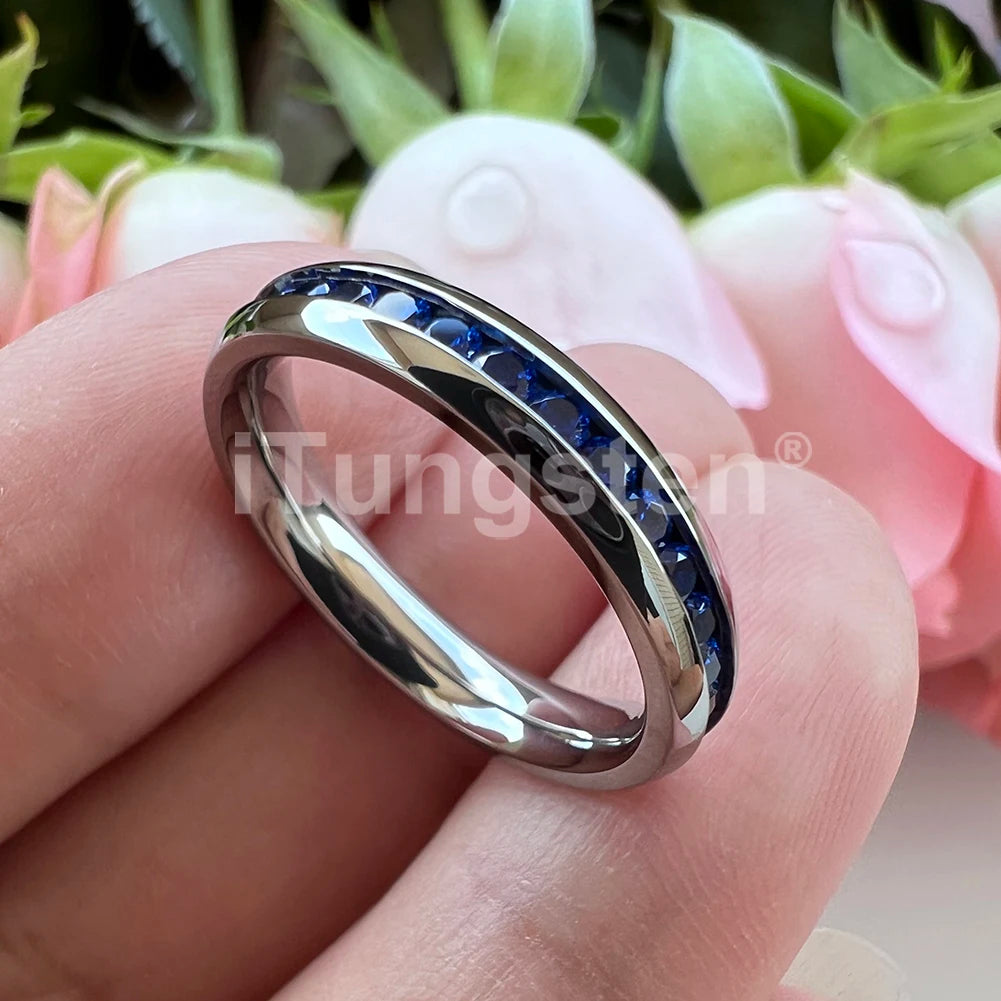 ITungsten 2/3/4mm Men Women Titanium Princess Cubic Zirconia CZ Inlay Ring Nice Eternity Engagement Wedding Band