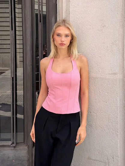 Dam Halterneck Crop Top – Fyrkantig Ringning, Slim Fit Backless Y2K Sommar, 3 Färger