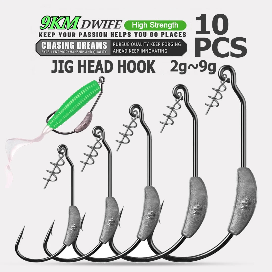 9KM 5-10Pcs Ewg Hook Weighted with Screw 2g~9g Worm Soft Lure Hook for Bass Saltwater Freshwater
