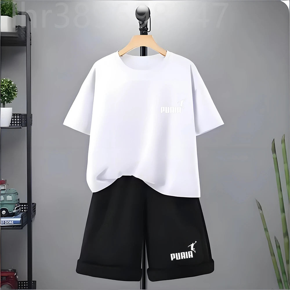 Summer Kids Print 2pcs Breathable Tees+Shorts Leisure Suits 3-12 Years Boys Girls Outfits Children Cool Black White Clothes