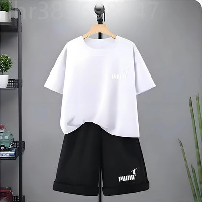 Summer Kids Print 2pcs Breathable Tees+Shorts Leisure Suits 3-12 Years Boys Girls Outfits Children Cool Black White Clothes