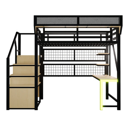 90×200cm & 140*200cm Metal High Bed, with Desk, Shelf and Storage Net, Complete with Safety Ladder, LED Lighting and Socket