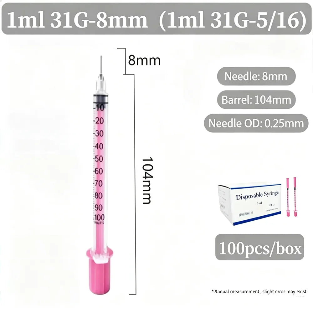 Rosa 1 ml insulinspruta med 30G/31G 8 mm nål, 100-pack