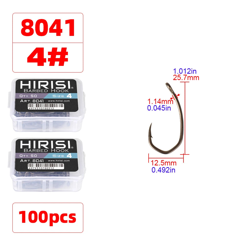 Hirisi 8041 50Pcs PTFE Coated Fish Hook High Carbon Stainless Steel Anti-Rust Sharp Point Barbed With Eye for Fishing Accessory