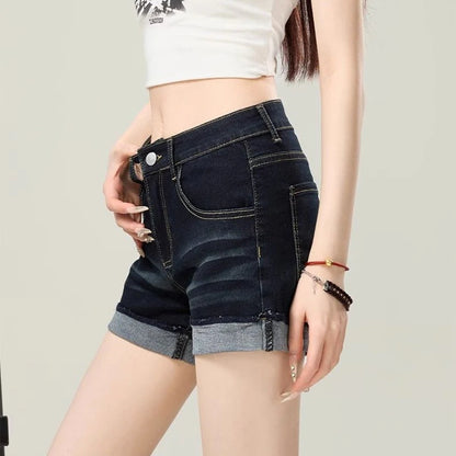 Summer Women Retro Dark Blue Hot Shorts Girls Korean Skinny Thin Denim Pants Lady Casual Fashion High Waist Short Jeans