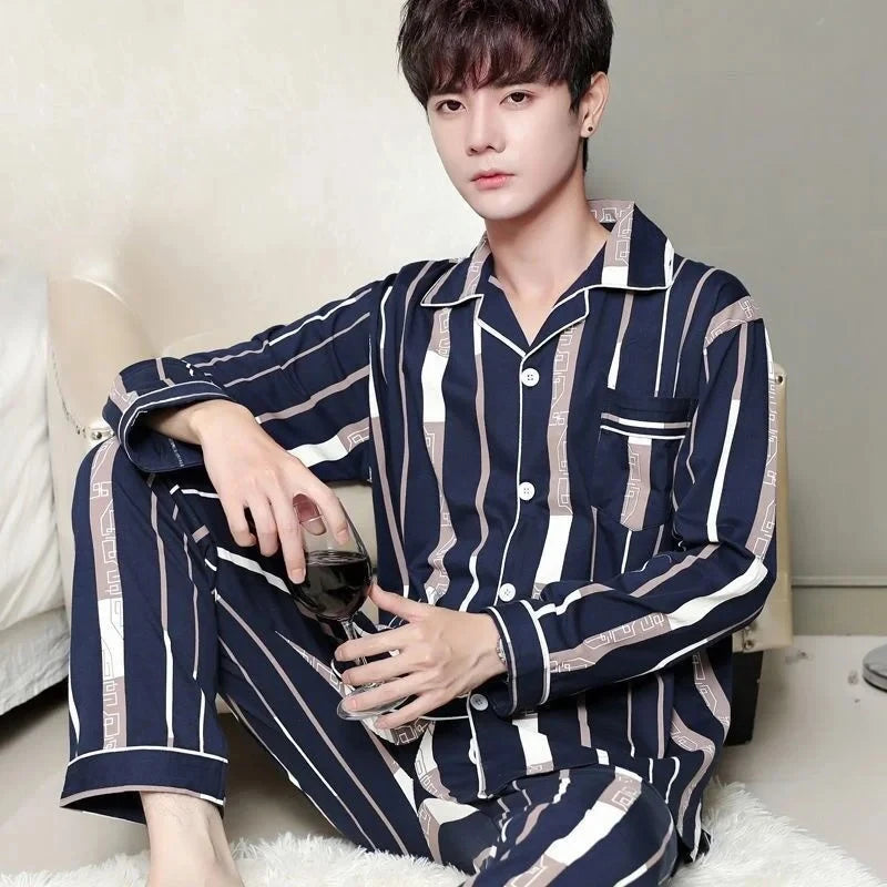 Herr Pyjamas Set – Långärmad & Långa Byxor Tunn Polyester Året Runt Plus Size, 5 Färger M–4XL