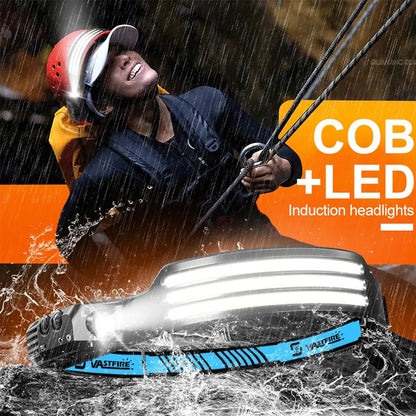 VASTFIRE COB+XPE Pannlampa med Rörelsesensor – USB-C, 455 Lumen, 5 Lägen, Vattentålig, Camping & Fiske