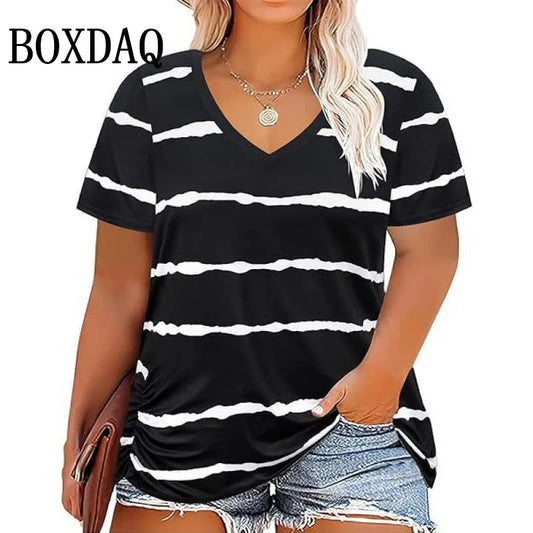 Dam Plus Size T-shirt 2026 – Randig V-ringning Kort ärm Lös Casual Tunika 1XL–8XL