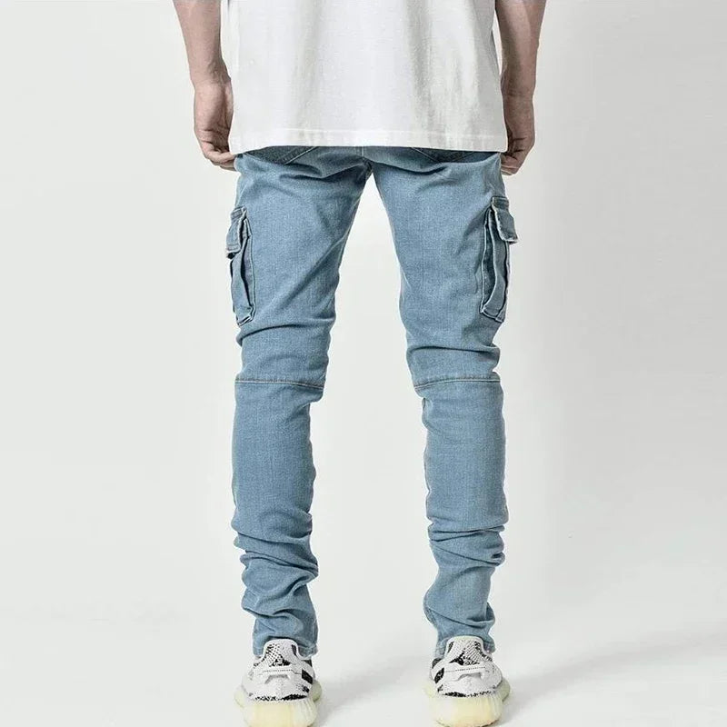 Fashion Solid Color Versatile Jeans Men High Quality Multi Pockets Cargo Denim Trousers Male Classic Mid Waist Narrow Leg Pants