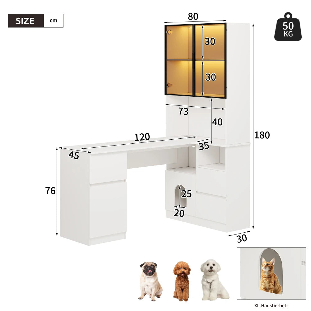 Corner Desk with Shelf and LED Display Cabinet, Desk with Cable Outlet, 3 Drawers, 2 Doors, Open Compartments, Built-in Bookcase