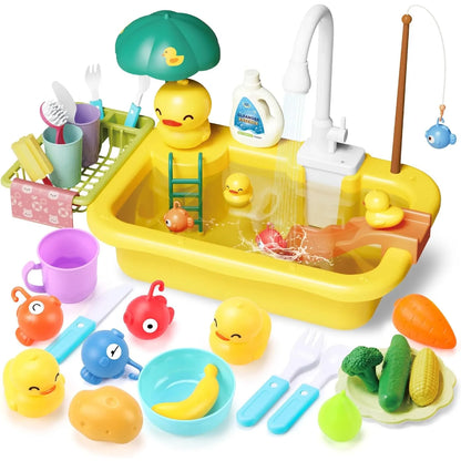 Play Sink with Running Water Kitchen Sink Toys Electric Faucet Play Kitchen Toy Pool Floating Fishing Toys for Water Play