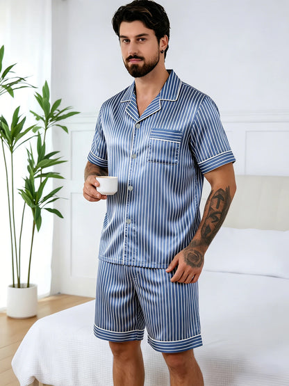 Men's Pj Satin Stripe Print Design Short Sleeve Pajama Set Soft Comfortable Sleepwear for Summer Lightweight Homewear Lougewear