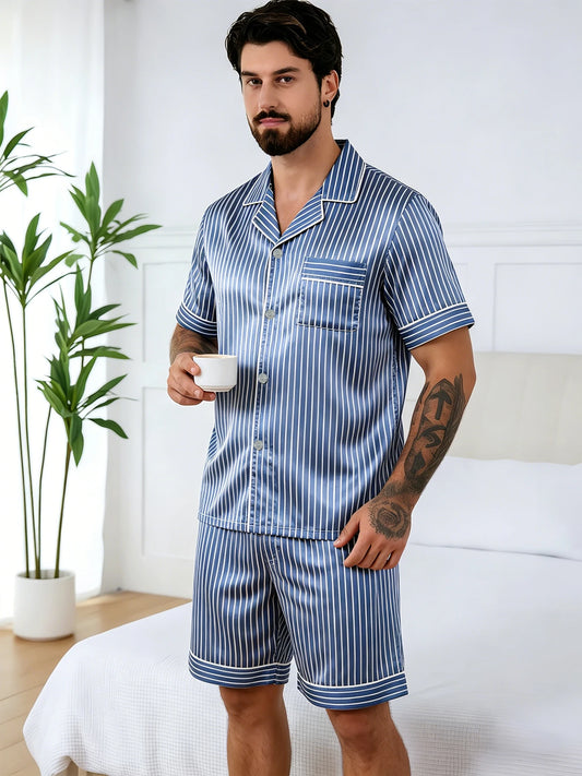 Men's Pj Satin Stripe Print Design Short Sleeve Pajama Set Soft Comfortable Sleepwear for Summer Lightweight Homewear Lougewear